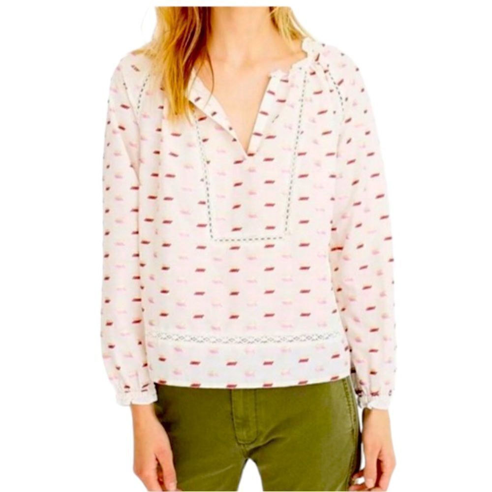 J Crew Point Sur Split neck blouse with gold pink and red arrows.NWOT